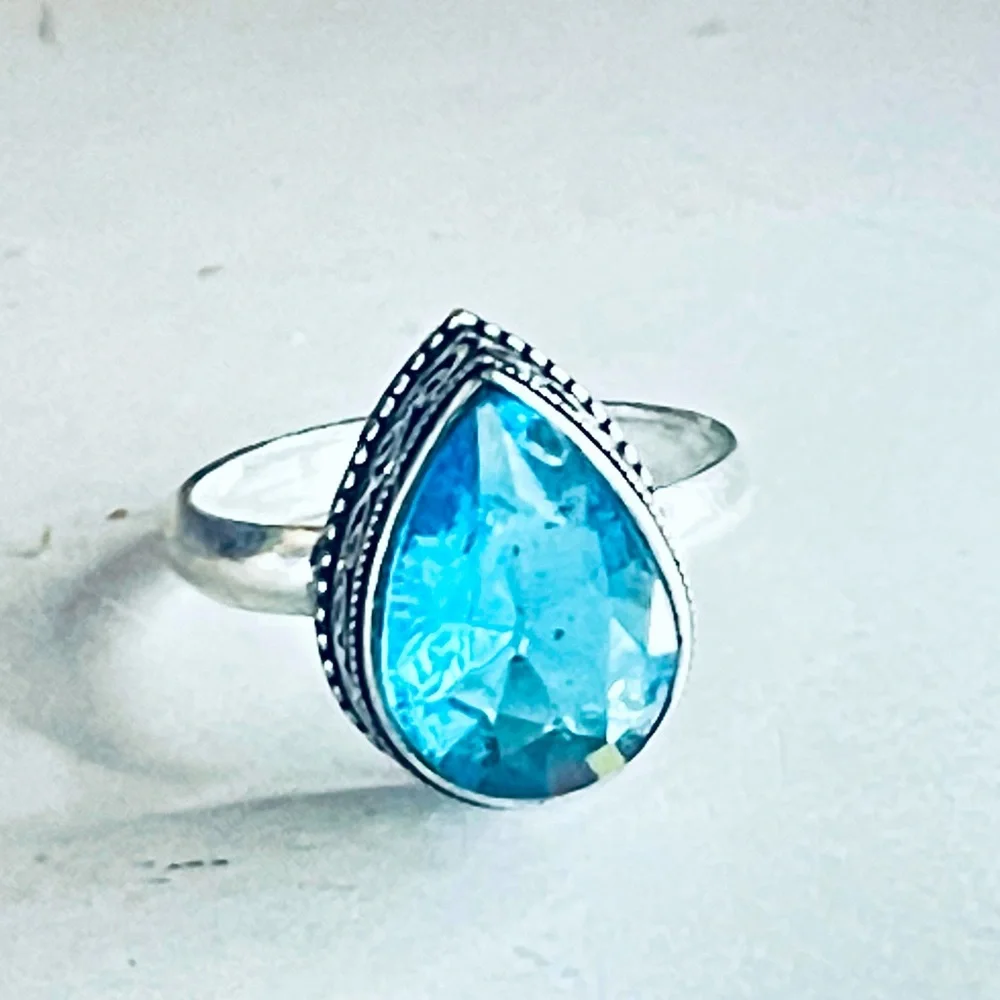 New 925 Sterling Silver London Blue Aquamarine Artisten OOAK Water Drop Ring - Picture 12 of 16